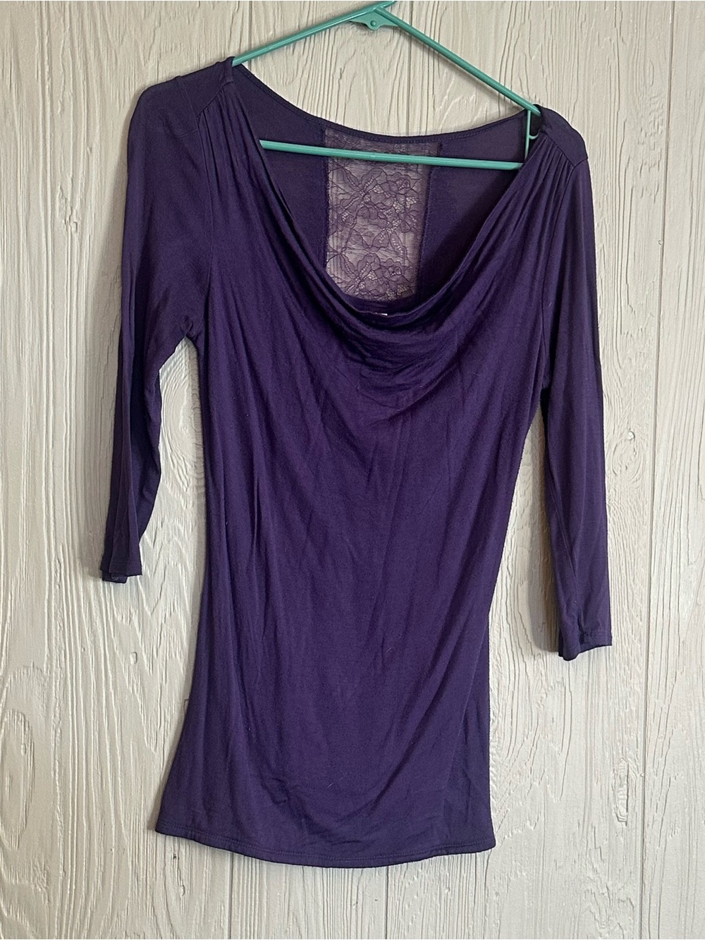 Studio Y Women’s S Purple Solid Knit Stretch Cowl Neck Lace 3/4 Sleeve Top